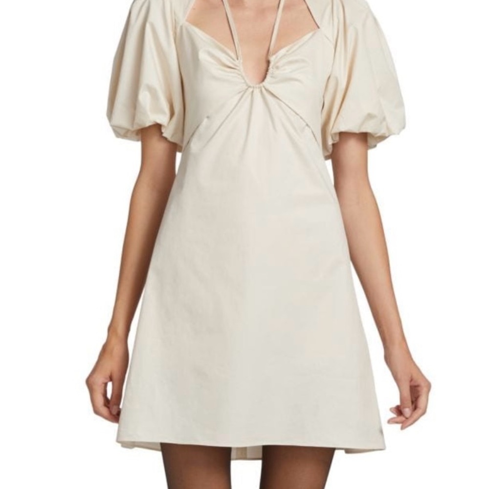 Frame Tie Neck Elegant Cream Puff Sleeve Dress